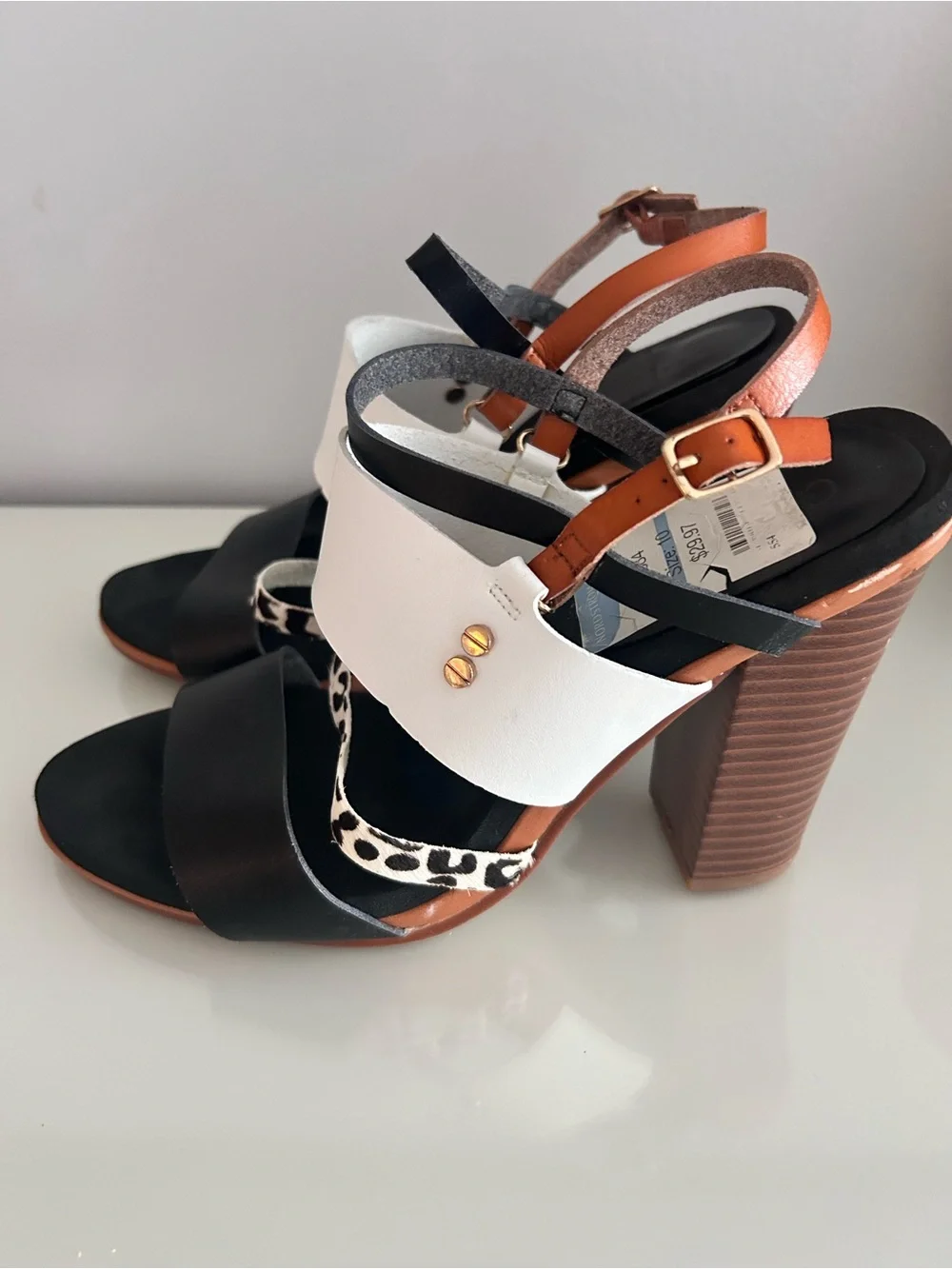 Chic Women's Mixed-Color Block Heel Sandals - White, Black & Brown